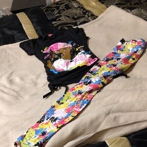 Colorful Graphic T-Shirt and Paint Splatter Leggings Set